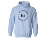 HE PRAYS IN TONGUES ADULT HOODIE